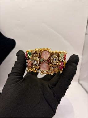 Premium Quality Gold Polish Multi-Stone Women's Kundan Bracelet Cuff